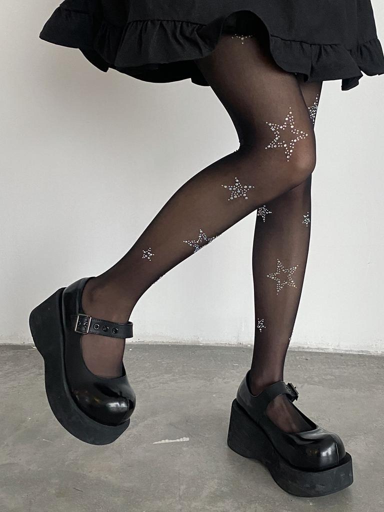 Damen Strumpfhose mit Strassstern Transparent Schwarz Dünn Hohe Elastizität Gothic Party Glitzernde Strumpfwaren