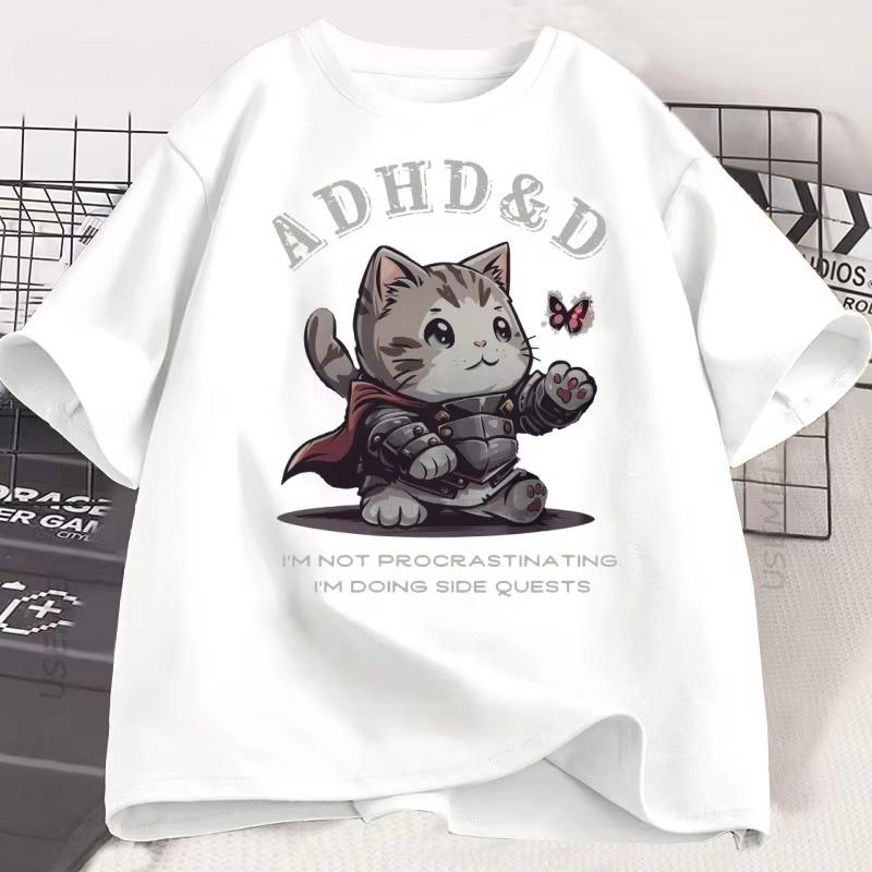 ADHDD Im Not Procrastinating Cat Tshirt Funny Graphic Printed Tshirts Cotton Short Sleeve Summer Loose Tees Oversized Tops M