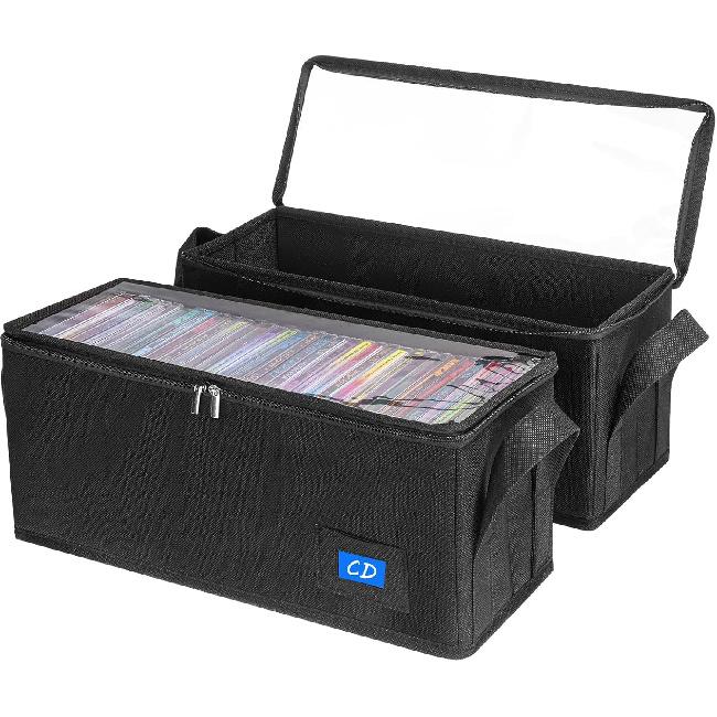 CD Case Holder with Handles and Clear Lid, 2-Pack Black – CD Storage Box with Label Slots, Portable Organizer for Media Collection and Efficient CD-2PACK