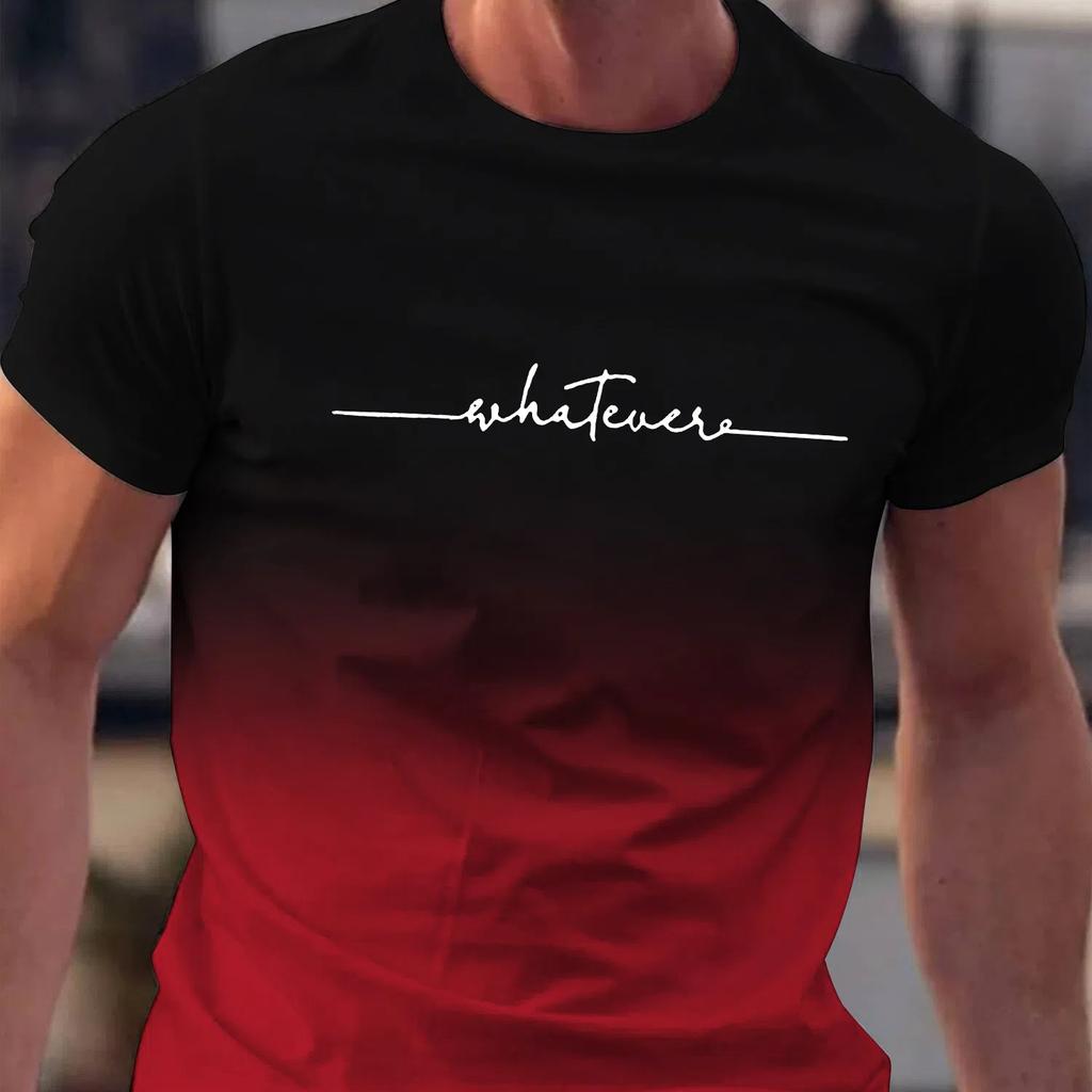 Summer Outing Whatever Print Gradient Crew Neck T-shirt For Men Trendy Casual Short Sleeve Top Men's Tee Ropa De Hombre