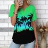 Women Blue Ocean Coconut Palm Beach Print Short Sleeve V Neck Blouse