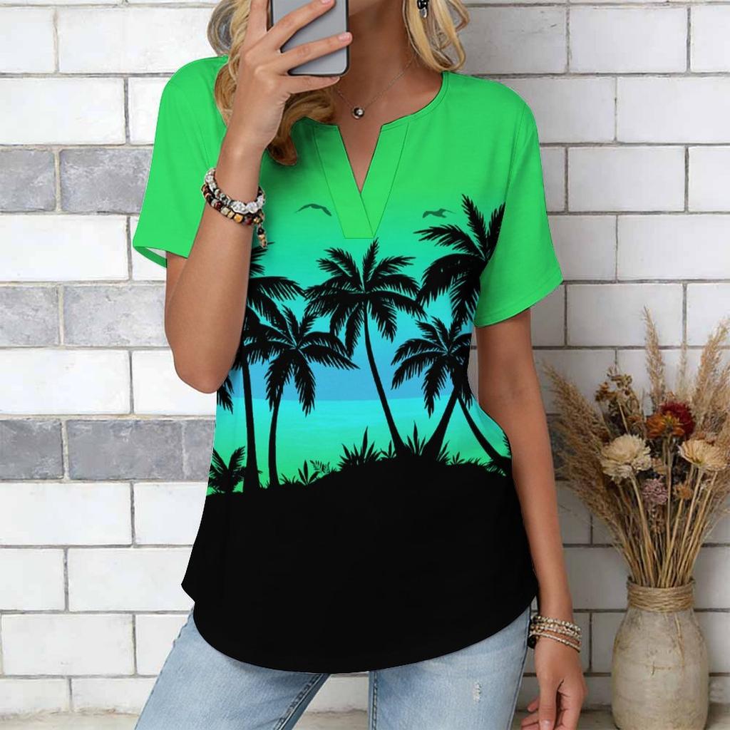 Women Blue Ocean Coconut Palm Beach Print Short Sleeve V Neck Blouse