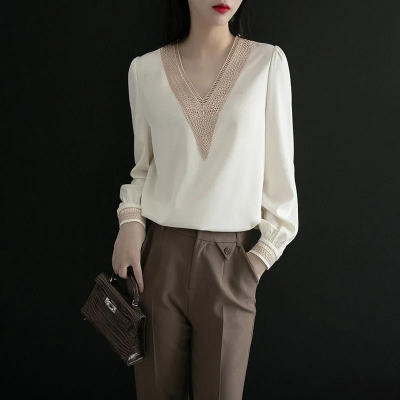 WTEMPO Solid Color Spring Autumn Women's V-neck Chiffon Shirts Long Sleeve Elegant Casual Versatile Bottom Tops