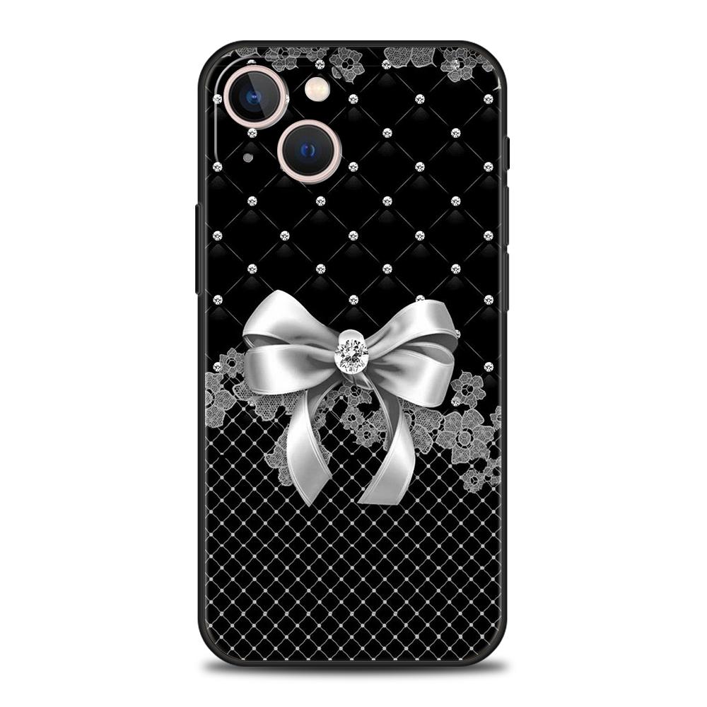Phone Case Cover for iPhone 17 16 15 14 13 12 Pro Max 11 Pro Max 17AIR Plus Shockproof Soft TPU Black Bowknot Faux Pearl Painted