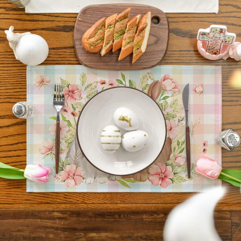 Bunny Rabbit Flowers Floral Buffalo Plaid Easter Placemats Set of 4, 12x18 Inch Spring Table Mats for Party Kitchen Dining Decoration