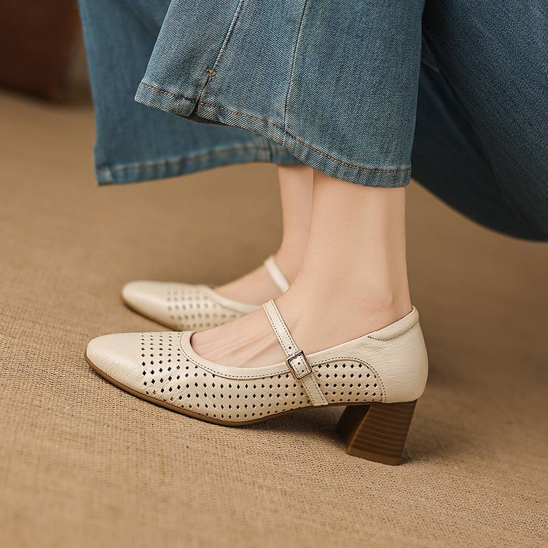 Krazing Pot Sheepskin Round Toe Thick Heels Summer Shoes Solid Big Size 42 Hollow Decoration Women Shallow Pumps