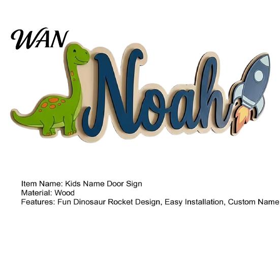 Soft Color Kids Door Decor Personalized Name Sign Dinosaur Rocket Wooden for Boys For Custom Nursery Hanging Wall Bedroom Playroom
