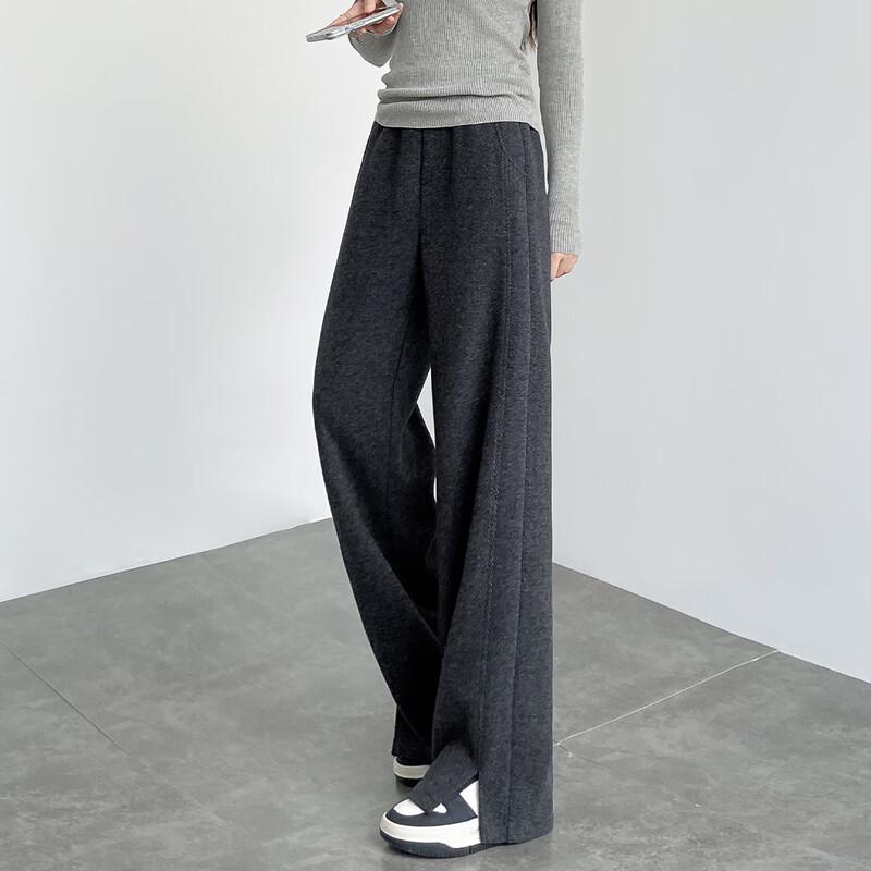 Women's High-Waist Wool-Blend Herringbone Wide-Leg Slit Casual Pants