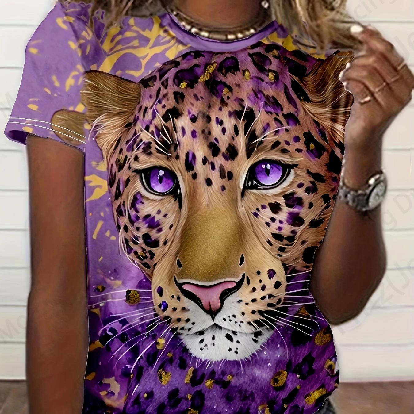 

Женская футболка с 3d леопардовым принтом, футболка с круглым вырезом, женская модная футболка, футболки с животными, топы в стиле Харадзюку, футболки, женская одежда 5XL