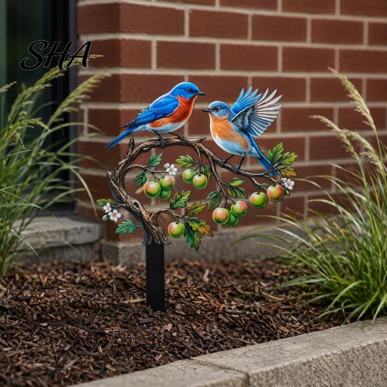 Realistic Painted Bird Yard Decor Ground Stake, And Fruit Tree Shape, Waterproof Coating Thickened Sturdy Metal Garden Stake Iron Lawn for Outdoor