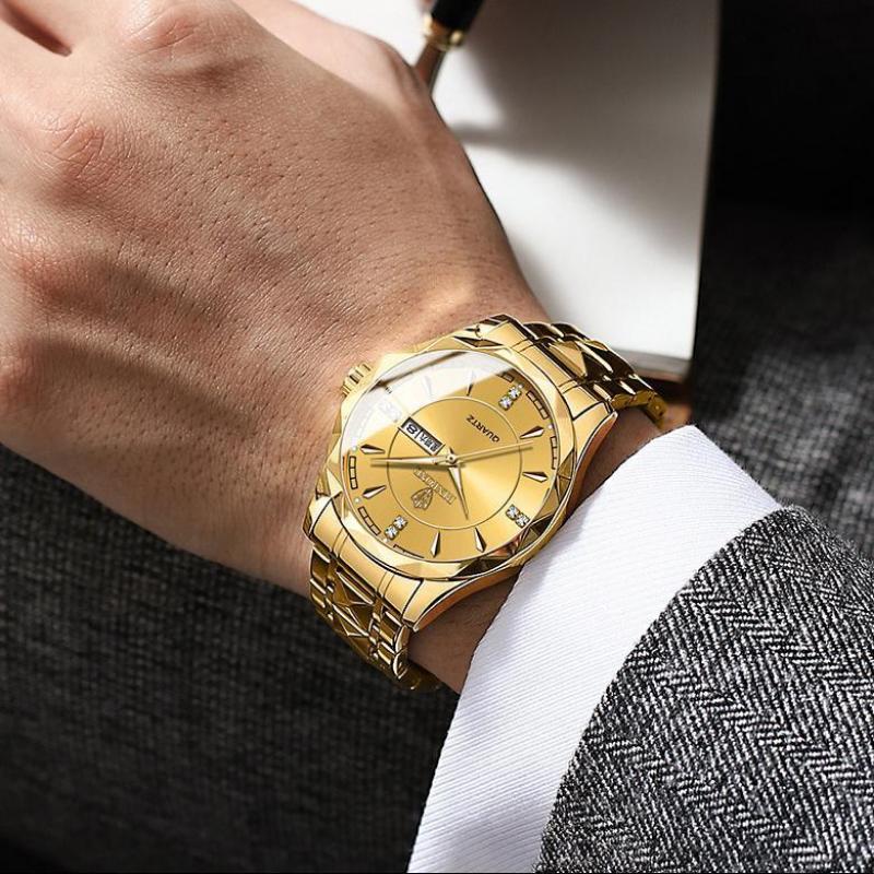 BINBOND Fashion Quartz Watch Ultra Thin Diamond Business Gold Watches Rhombic Three Dimensional Design Stainless Steel Luminous Watches with Gift Box