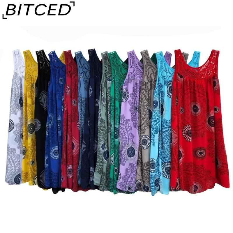 BITCED Moda damska Letnia wiosna Jednolity kolor Drukuj Bez rękawów O-Neck Wysoka talia Casual Sukienki