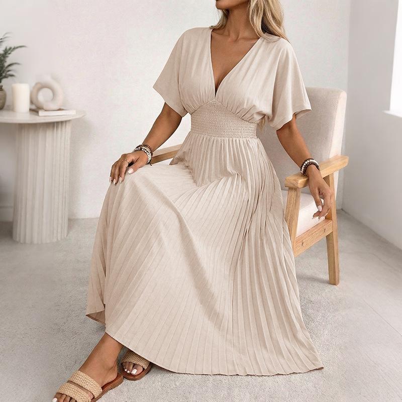 

Women s Fashion Summer Spring Solid Color Print Short Sleeve V-Neck High Waist Casual Dresses XL