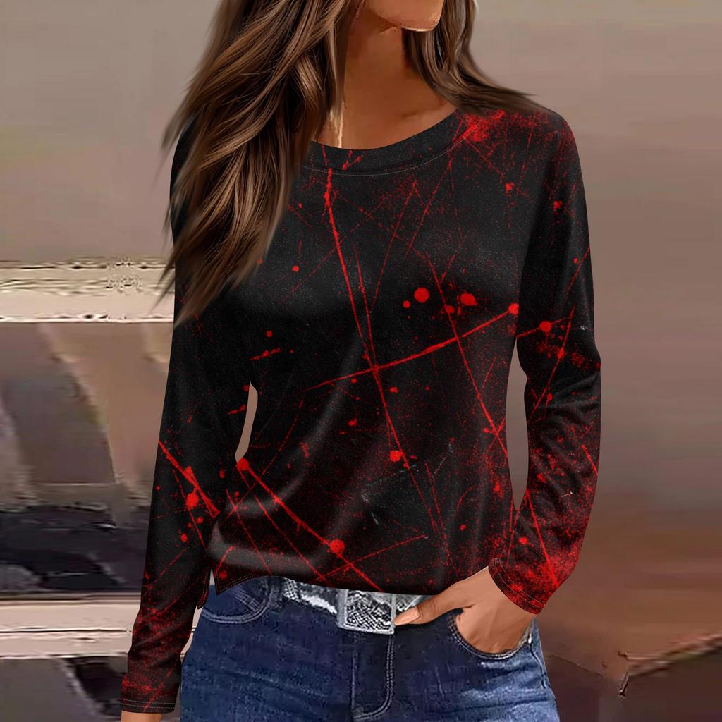Damenmode Saumschlitz Lässig Halloween-Print Rundhals Langarm Oberteil