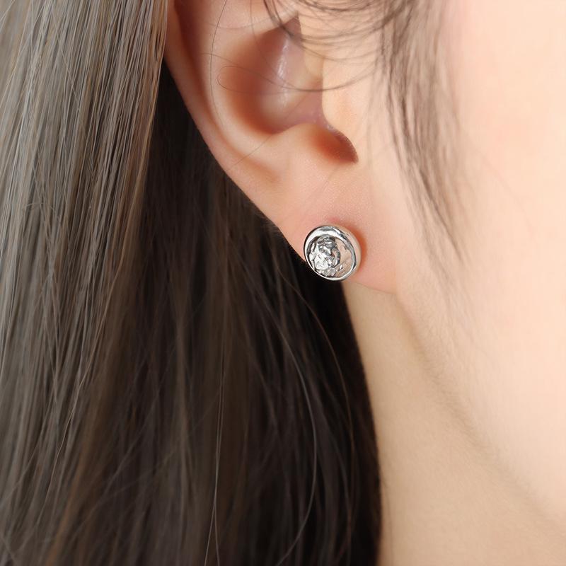 European Geometric Irregular Texture Titanium Steel Round Stud Earrings