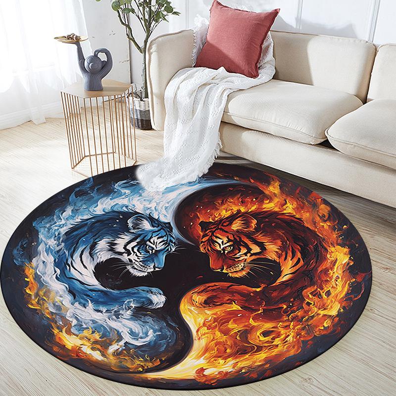 Yin Yang Tiger Round Area Rug,Carpet Rug for Living Room Bedroom Sofa Playroom Decor,Non-slip Floor Mat