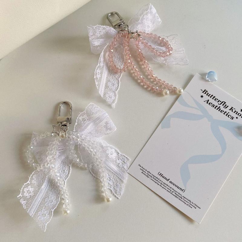 INS Style Y2K Aesthetic Crystal Lace Bow Keychain Sweet Bow Keyring Bag Pendant Delicate Backpack Hanging Decoration Gifts