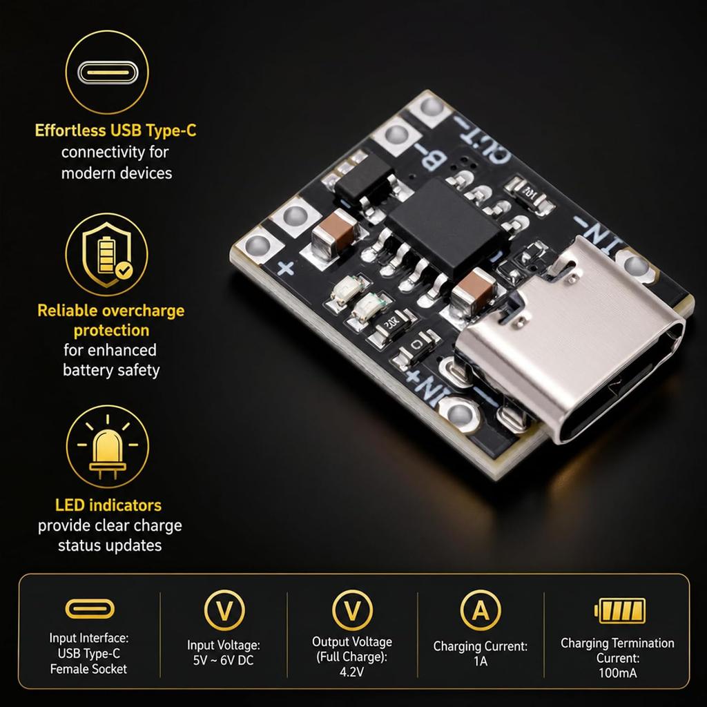 10-Pack 3.7V Lithium Battery Charger Module, USB Type-C, 1A | Compatible with PD fast chargers, compact 14x18x5mm, over-voltage and over-discharge