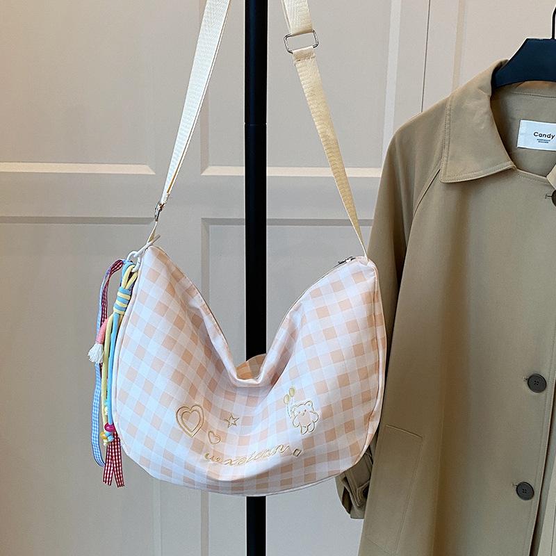 Casual Plaid Shoulder Bags for Women Lightweight Simple Ladies Crossbody Bag Purse Embroidered Deisgn Female Hobos Phe Handbag