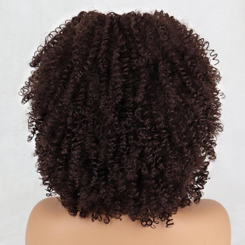 MISS WIG Kurze, lockige, synthetische, hitzebeständige Faser-Perücke, Schwarzbraun, mit Pony, Afro-Farbverlauf, Cosplay-Perücken