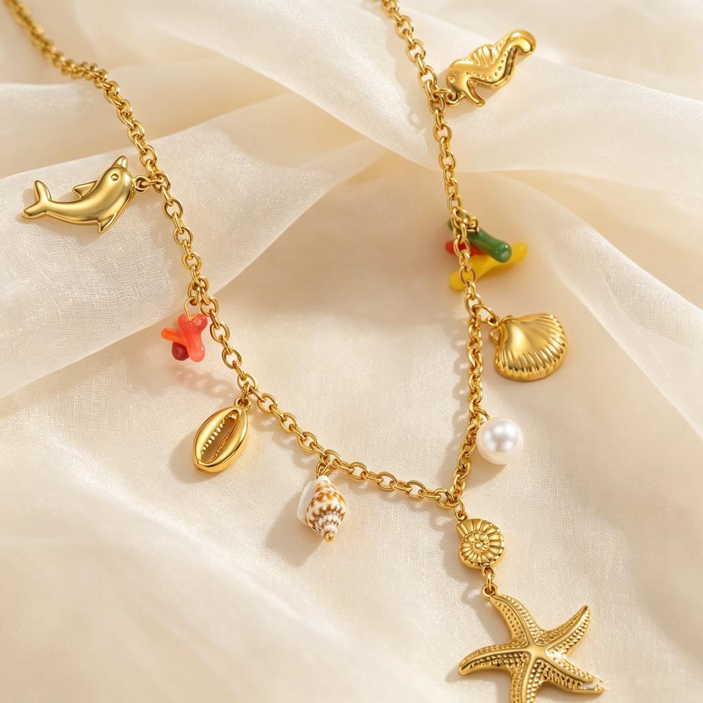Boho Starfish Conch Pendant Necklace for Women 18K Gold Plated Stainless Steel Waterproof Ocean Style Summer Charm Jewelry