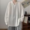 Spring Autumn Men Top V Neck Long Sleeves Oversized Solid Color Loose Mid Length Striped Texture Pullover Hip Hop Streetwear Sweatshirt
