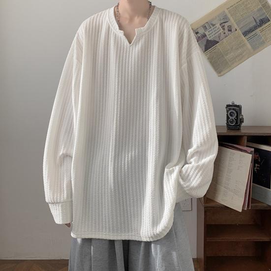 Spring Autumn Men Top V Neck Long Sleeves Oversized Solid Color Loose Mid Length Striped Texture Pullover Hip Hop Streetwear Sweatshirt