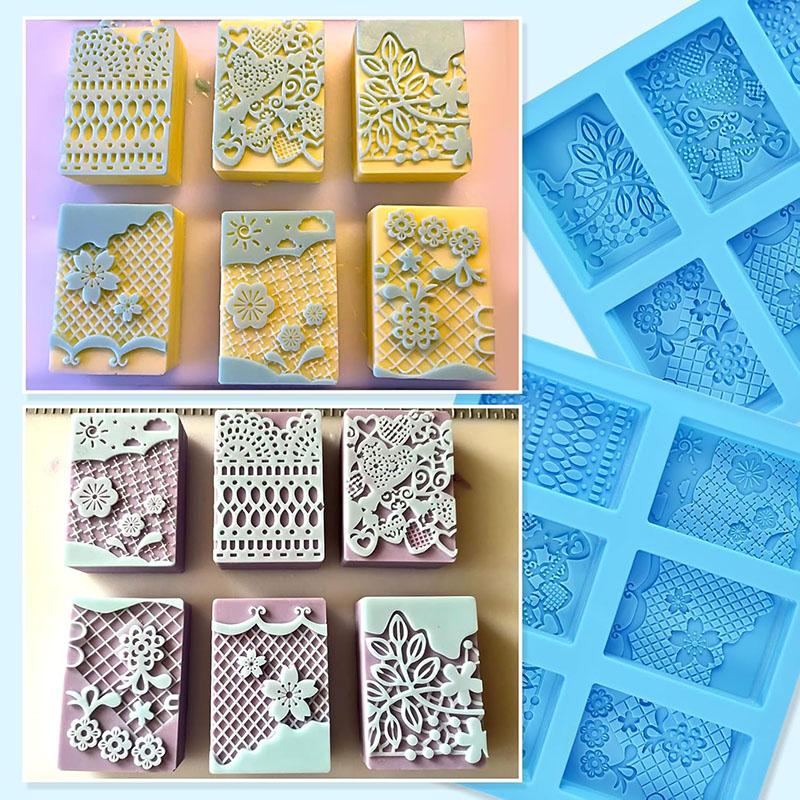Lace Pattern Soap Silicone Mold Rectangle Mixed Flower Lotion Bar Making Supplies Handmade Embossed Cake Mooncake Accessories