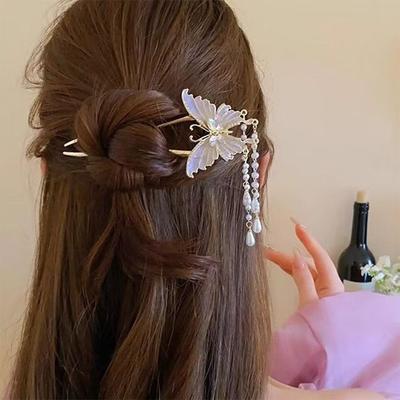 Tassel Flower Hair Stick Alloy Bun Tool Updos Headpiece Elegant U-Shaped Hairpins  for Women