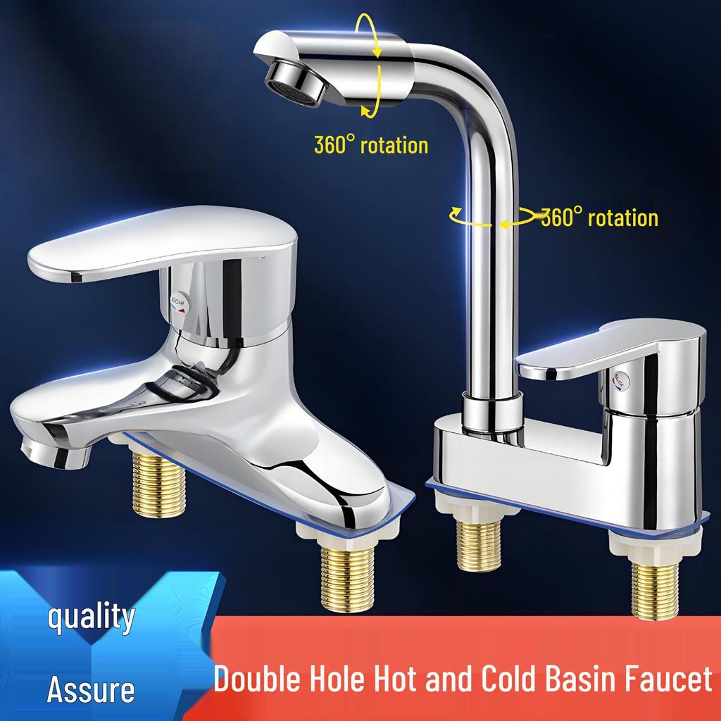 Vintage Two-in-One Bathroom Faucet: Double Hole, Hot & Cold Water, Three Hole Mixer Tap