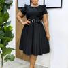 Women's Short-sleeved Doll Collar Solid Color Short-sleeved Ruffle Edge High-waisted Big Swing Dress