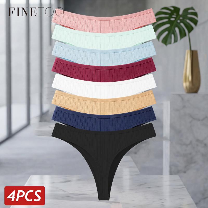 FINETOO 4Pcs/Set Cotton Ribbed Thongs For Women Seamless Solid Color High Quality Underwear Ladies Cozy Breathable Sexy G-String