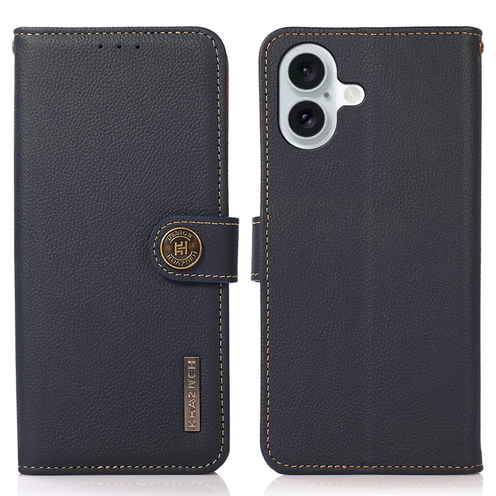 

For iPhone 16 Plus Case Stand Wallet RFID Blocking Genuine Cow Leather Phone Cover Blue