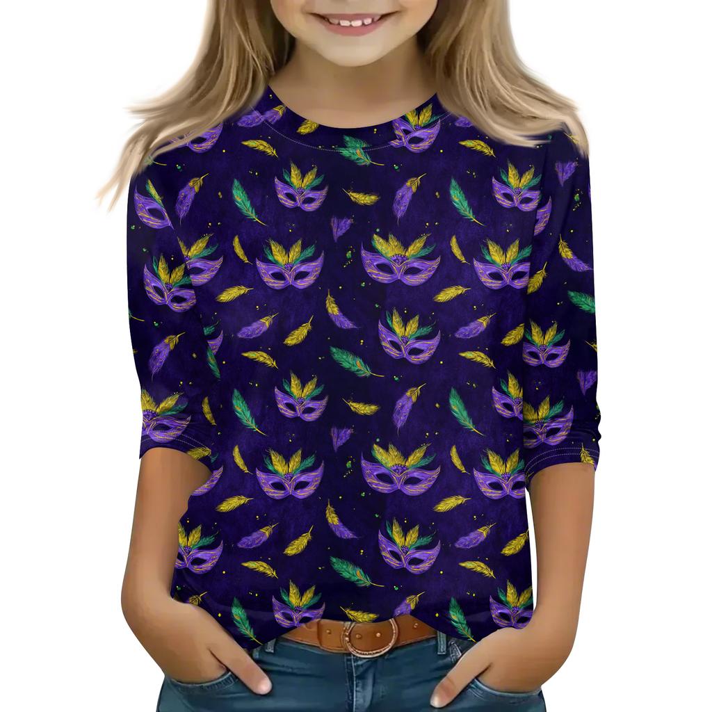 Print Tops For Youth Girls Round Neck 3/4 Sleeves T-Shirts Trendy Tops Outfit Tees