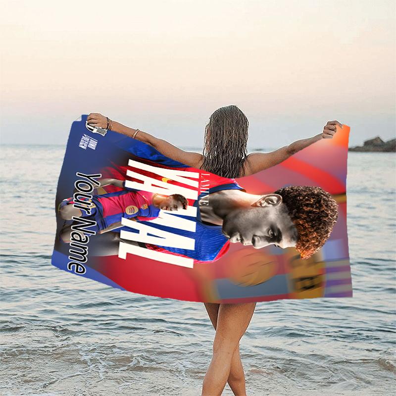 1pc Lamine Yamal Beach Towel with Custom Name, Beach and Seaside Swimming Pool Equipment, Fashion Pattern, Rectangular, Travel Essential