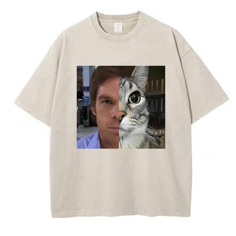 Fashion T Shirt Vintage Washed Cotton T-Shirt Movie Cat Graphic Tee Casual Streetwear Spring Summer Clothing