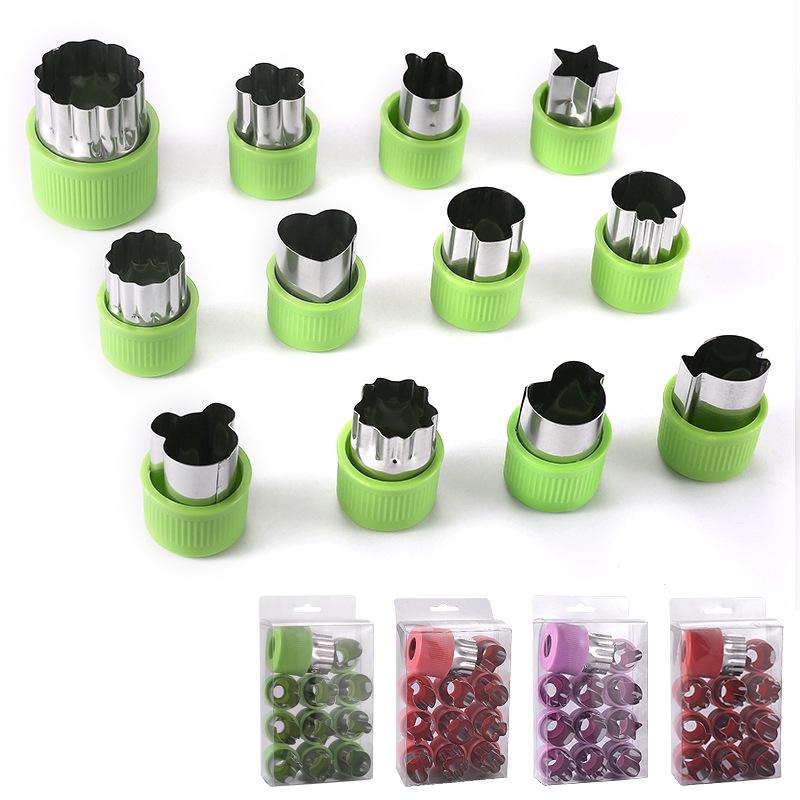 12-Piece Stainless Steel Cookie Cutter Set: Includes Hand Guard, Bow Tie, Vegetable, Animal, Cartoon, Fruit, and Flower Shapes for Home Use.