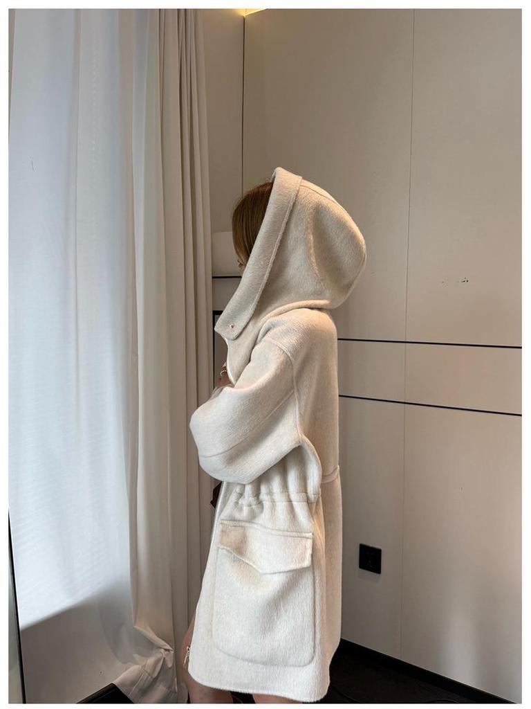 Damen Koreanischer Kaschmirmantel mit Kapuze und Reißverschluss, doppelseitig: Einfarbig, Mittellang, Vielseitig und Verdickt Lockeres Oberbekleidungsstück.