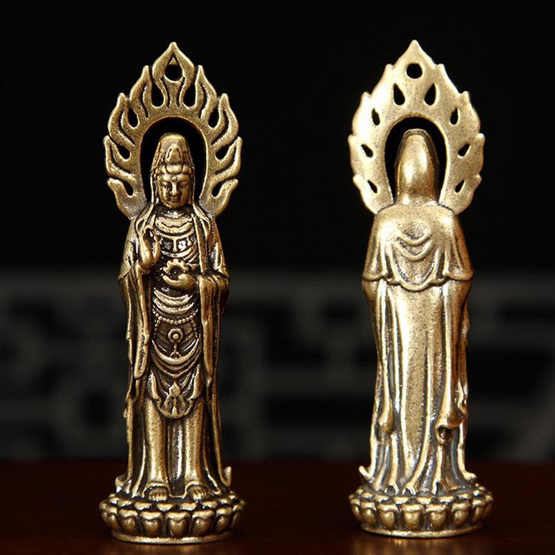 Mini Guan Yin Statue Ornament Pure Copper Buddha Figurines Miniatures Home Decoration Accessories Crafts Collections
