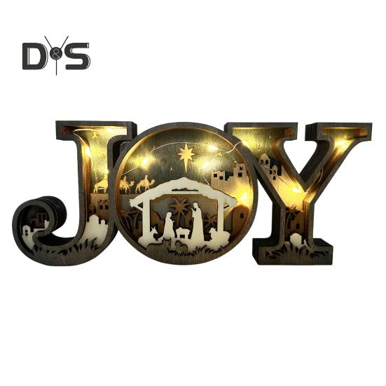 

Украшение в виде рождественской сцены, деревянное украшение в виде буквы «JOY», украшение для стола, деревенский религиозный настольный каминный декор, подарок для семьи и друзей With Light
