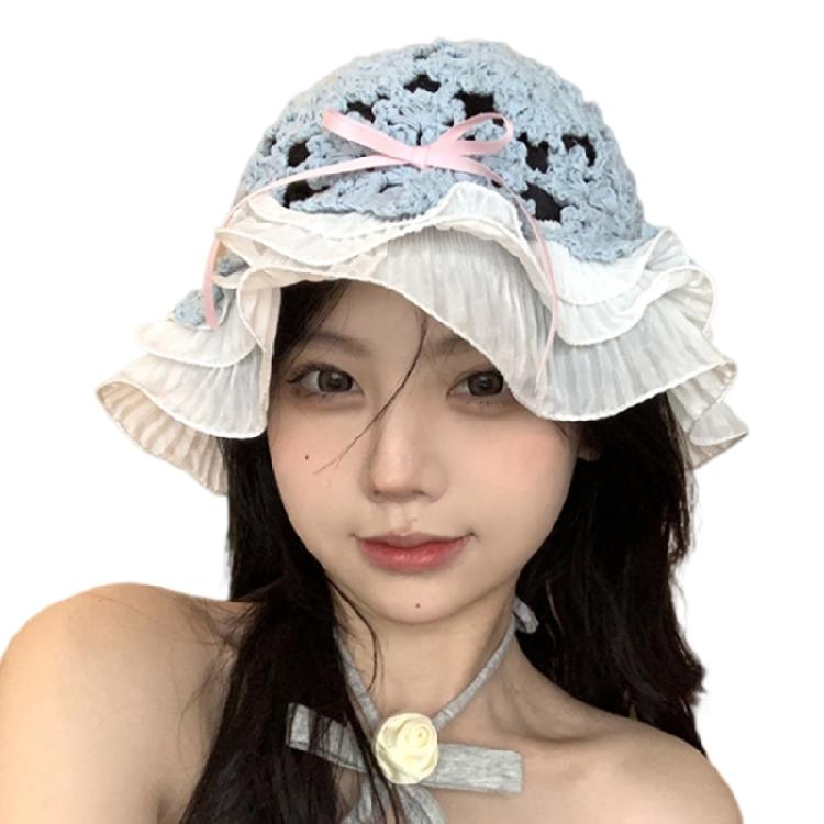 Breathable Knitted Bucket Hat Girl Crochet Fisherman Hat with Pleated Trim