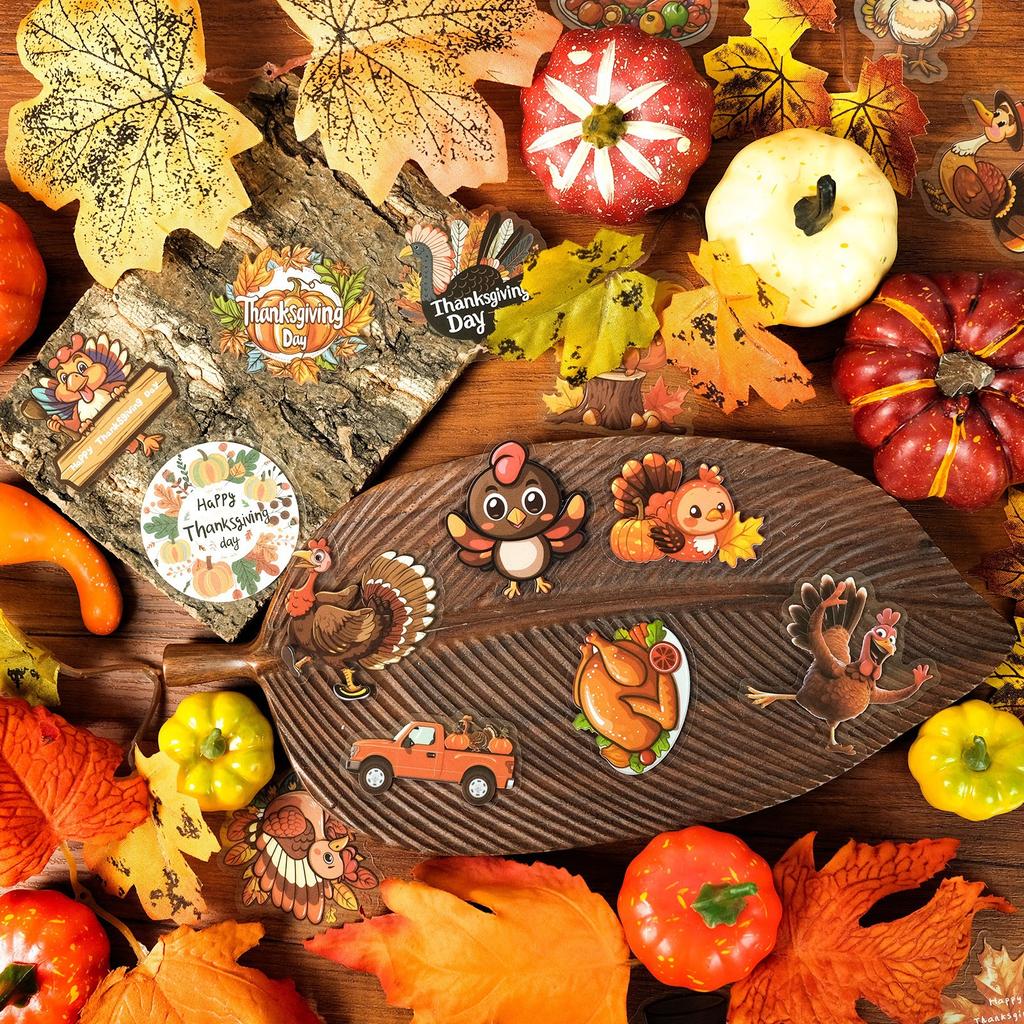 50 Thanksgiving PET Transparent Waterproof Cartoon Stickers Autumn Harvest Festival Celebration Pumpkin Turkey DIY Stickers