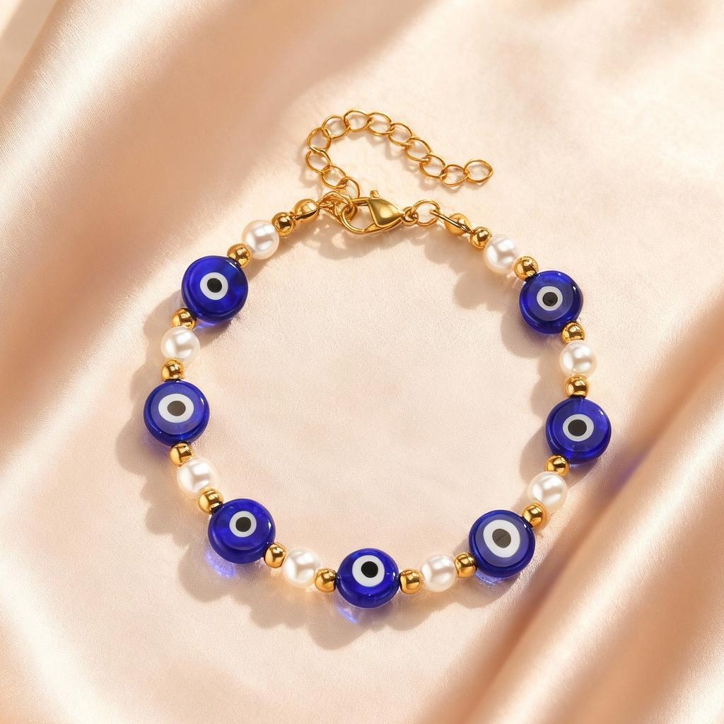 Imitation Pearl Lucky Blue Evil Eye Bracelet for Women, Stainless Steel Adjustable Beads Bracelet, Birthday Party Jewelry Gifts
