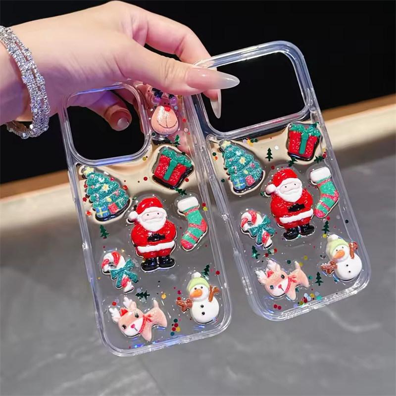 3D Epoxy Christmas Father Santa Claus Clear Phone Case For iPhone 17 Air 16 15 14 13  Pro Max Plus Shockproof Cover Bumper Back Phone Cover