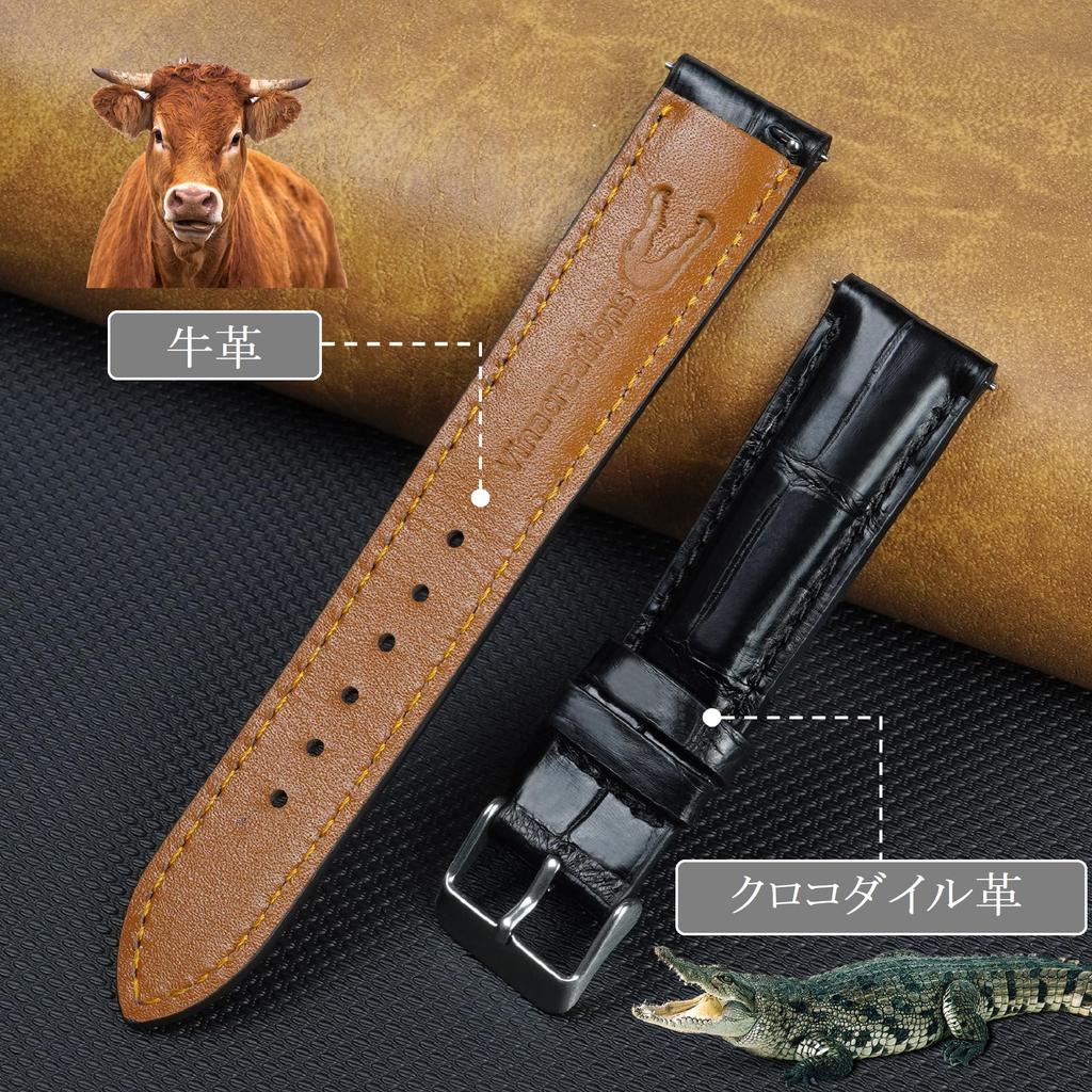 Vinacreations 20mm Black Crocodile Watch Strap with Quick Release Spring Replacement Alligator Watch Band with Silver Handmade for Men Bars, Buckle,