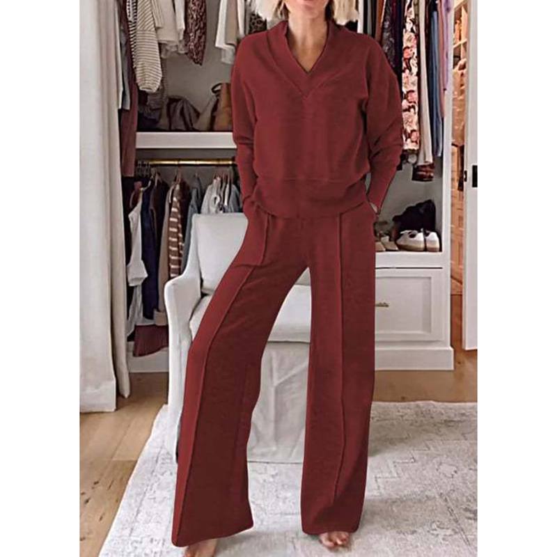 Women's Autumn  Winter Casual V-neck Long-sleeved Loose Top and Wide-leg Pants Two-piece Suit