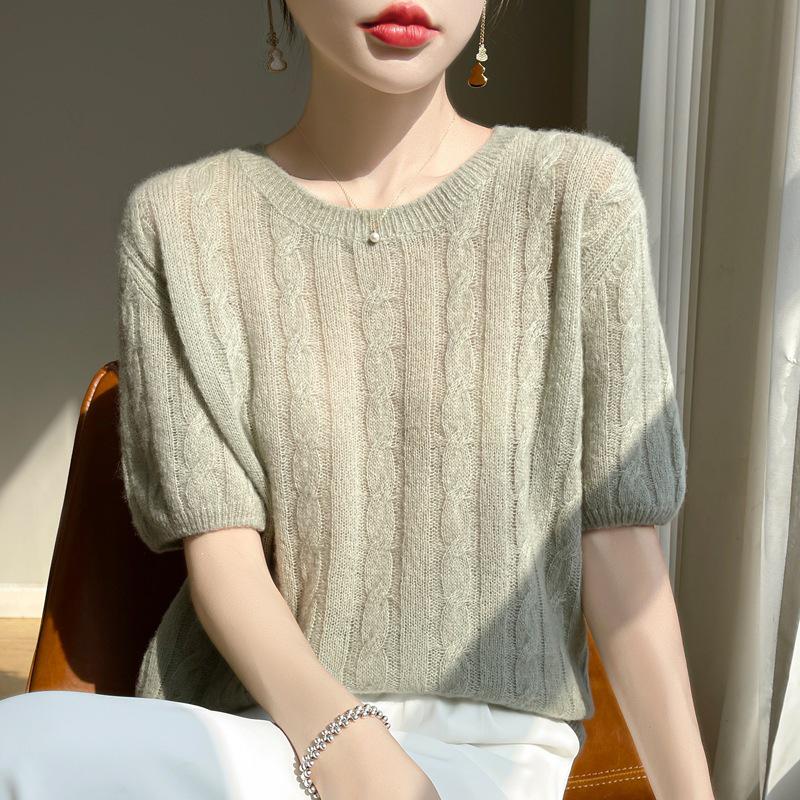 Women's 35% Cashmere Cable Knit Sweater, Round Neck, Short Sleeve, Commuter Style