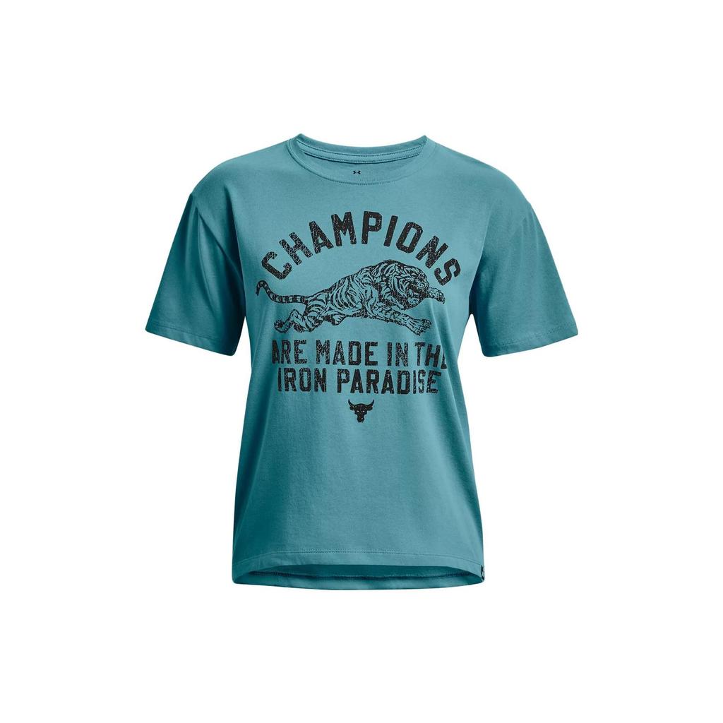 Under Armour Project Rock Johnson Letter Print Pullover Crew Neck Short Sleeve T-Shirt Women tops Glacier-Blue 1376918-433