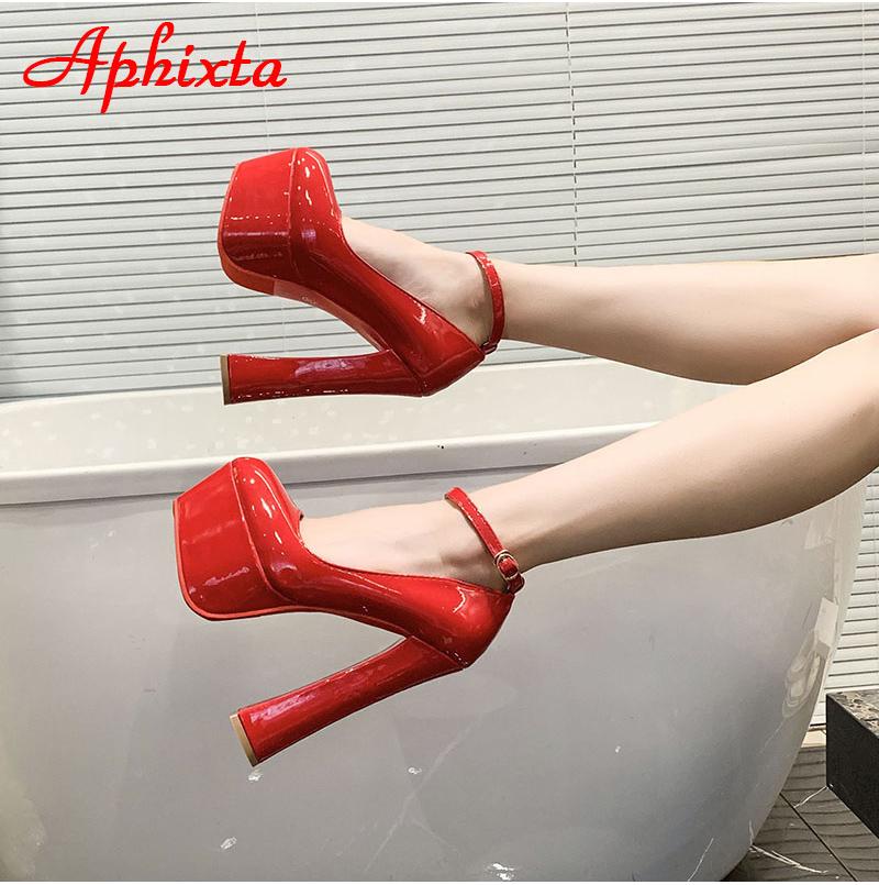 Fashion Aphixta 1cm Belt Buckle Red Party Disco Dance Pumps Women 5.5cm Platform 16cm Super High Chunky Heels Pumps Super Szie 48 49 50