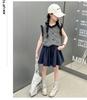 Girls' summer outfit set 2026 new stylish children's summer striped vest, girls' casual pleated skirt two-piece set
